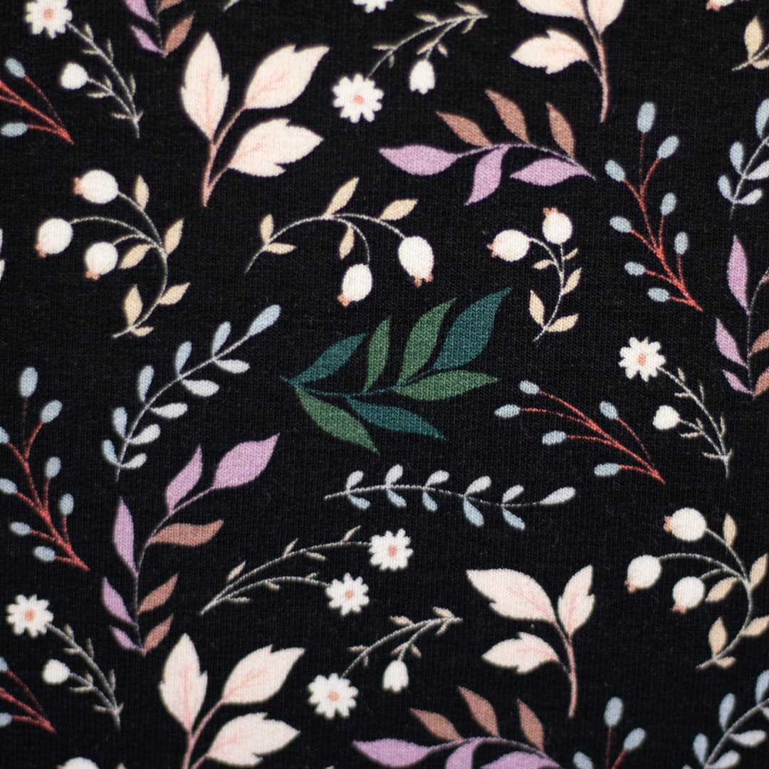 Swafing Modal French Terry Frida, Blätter auf schwarz